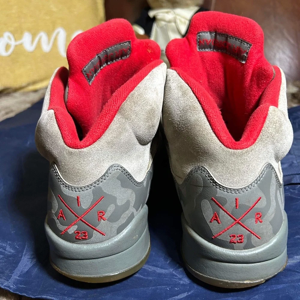 Used !!! Jordan Men's Grey Suede Sneakers with Red Accents